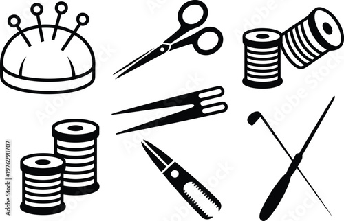 Sewing tools icon set including scissors and thread spools
