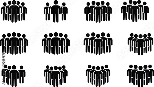 Black silhouettes of people standing in groups white background