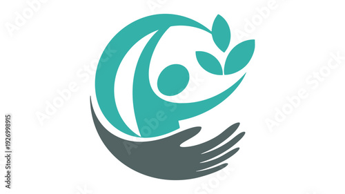 Hands cradling a globe with a green human figure symbolizing global unity and care