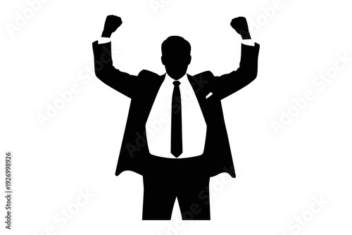 A triumphant businessman in a black silhouette celebrating success