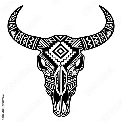 Tribal Aztec Patterned Cow Skull Illustration Featuring Intricate Ethnic Geometric Ornaments And Symbols For Southwestern Cultural Decor And Boho Style Graphic Design Inspiration