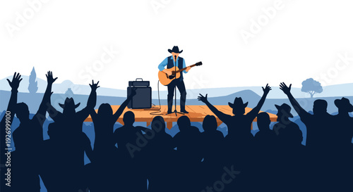 Modern vector illustration of country music performance with guitarist in cowboy hat on wooden stage celebrating traditional American rural culture and live entertainment