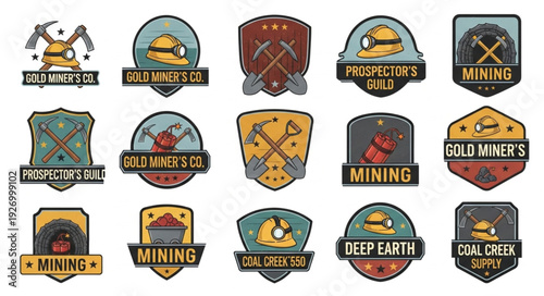 Collection of various mining and prospecting badges and emblems for design.