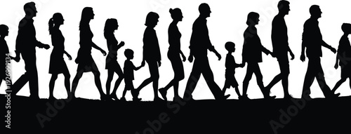 Black silhouettes of people walking in a line family group adults