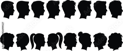 Black silhouettes of people with different hairstyles profile head