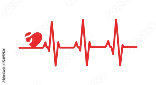 A vibrant red heartbeat line graphic incorporates a small heart shape creating a medical and emotional symbol silhouette high quality professional