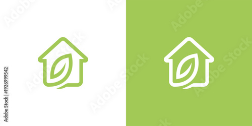 Ecofriendly house logo with a leaf inside green and white design.