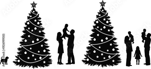 Collection of black Christmas silhouettes featuring decorated pine trees with stars families with children and a cute puppy for holiday design