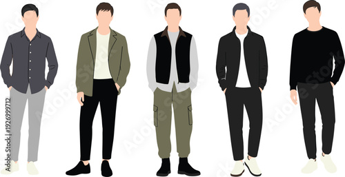 Casual young men in modern streetwear outfits, minimalist male fashion illustration collection isolated on white background for urban style