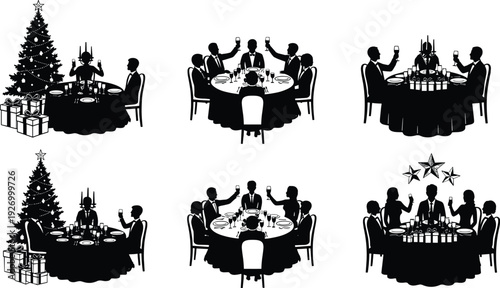 Collection of black holiday silhouettes featuring Christmas trees with gifts and people dining at gala celebration events isolated on white