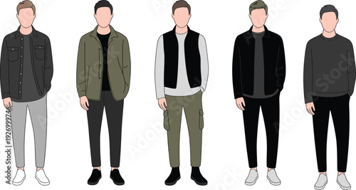 Casual young men in modern streetwear outfits, minimalist male fashion illustration collection isolated on white background for urban style design