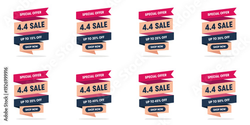 A 4.4 label sale banner display with multiple signs and hands holding promotional materials against a clean white background from a straightforward viewpoint