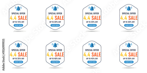 A grid of eight identical sale label graphics with 4.4 label rating displayed prominently on a white background
