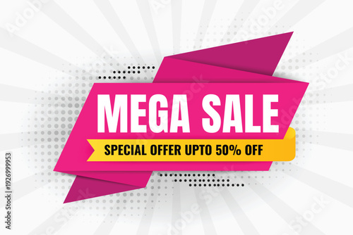 mega sale banner with geometric background , special offer price, 50% off, label design product discount festival tag with white background