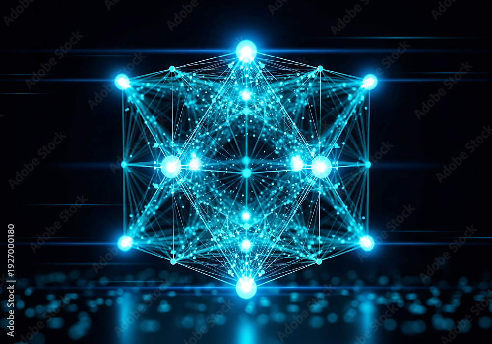 Fototapeta premium Complex Abstract Digital Cube Network with Interconnected Nodes and Blue Light Rays for Big Data and Computing