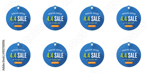 Eight blue sale labels arranged in two rows with 4.4 label discount tags on a white background