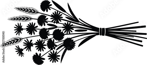 Wildflower and wheat bouquet silhouette vector illustration, black rustic floral arrangement design isolated on white background