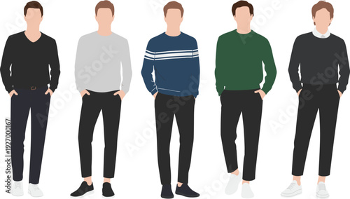 Casual young men wearing sweaters and pullovers, minimalist male everyday fashion illustration set isolated on white background