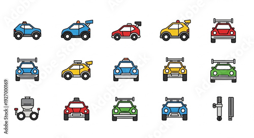 Collection of pixelated racing cars in various colors and designs, perfect for digital projects.