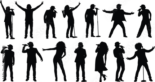 Singer, collection, performer, musician, people, silhouette, flavector, stage, microphone, group, concert, music, entertainment, show vocalist, karaoke, pop, rock, jazz, artist