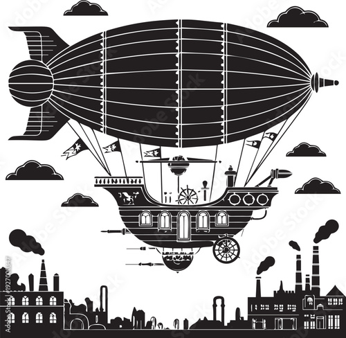 Steampunk dirigible flying over industrial city skyline