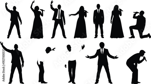 Singer, collection, performer, musician, people, silhouette, flavector, stage, microphone, group, concert, music, entertainment show, vocalist, karaoke, pop, rock, jazz, artist