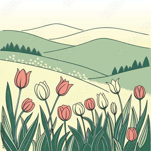 A field of tulips in front of rolling hills
