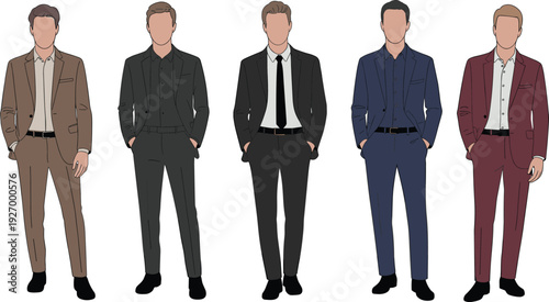 Elegant businessmen in modern tailored suits, minimalist male corporate fashion illustration collection isolated on white background for professional office wear