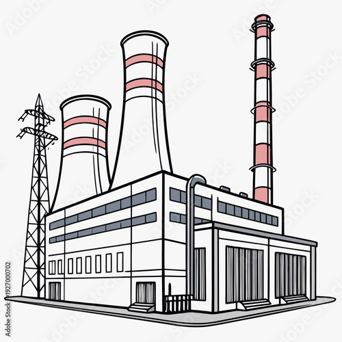 A large industrial building with three smokestacks