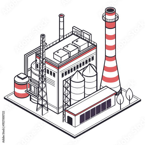 An industrial building with a smokestack and silos