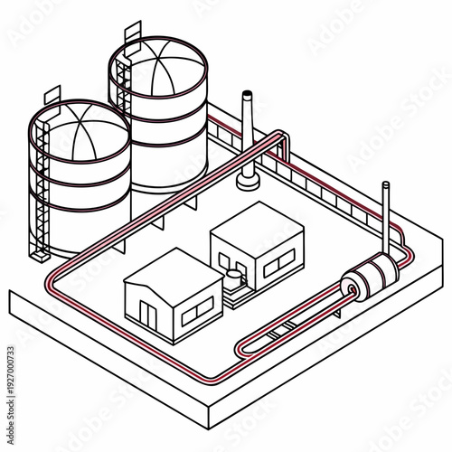 Industrial site with tanks and pipeline