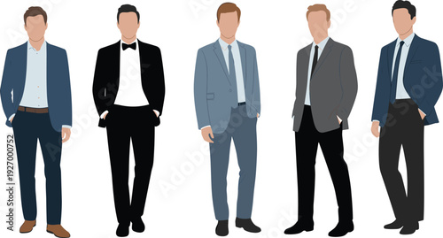 Elegant men in formal suits and tuxedo, modern businessman fashion illustration set isolated on white background