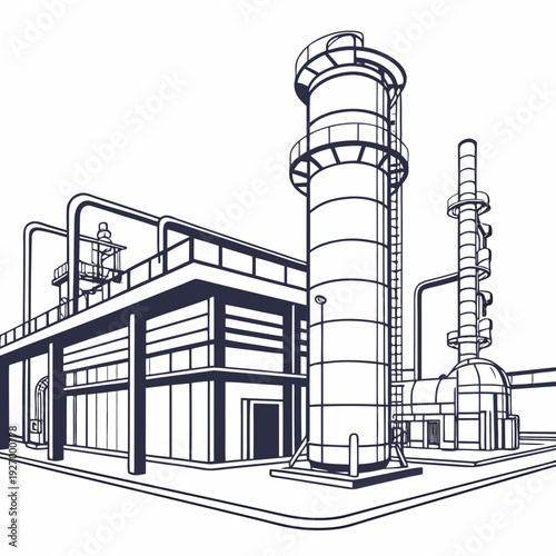 Industrial complex with a large cylindrical tower and building