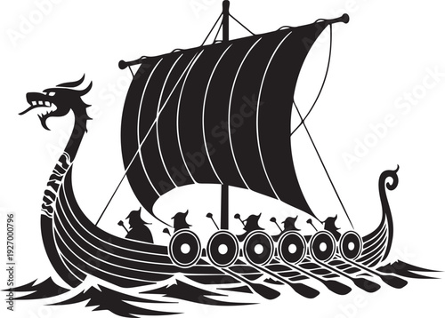 Viking longship with dragon head prow sailing black icon