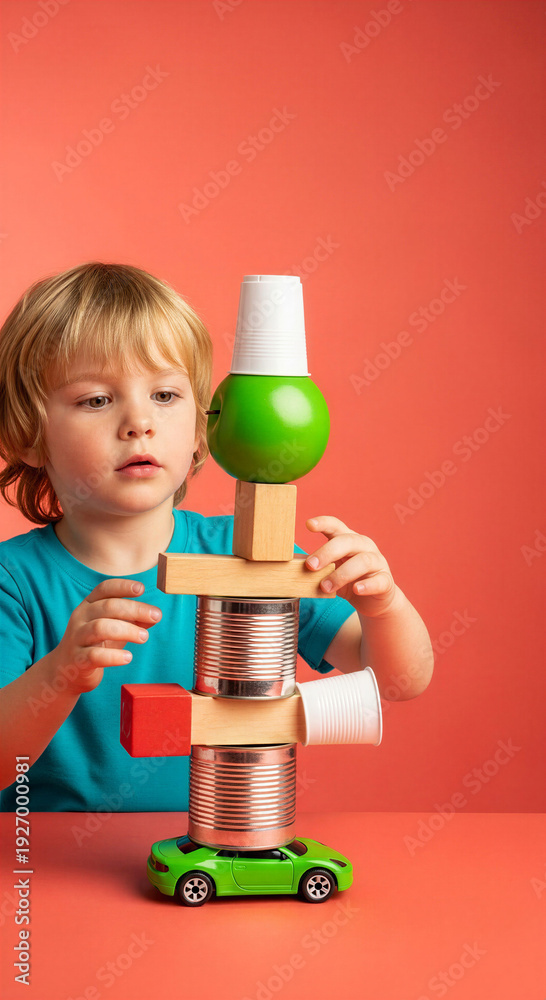 © Svetlana Kulakova - A young boy concentrating on stacking toys and objects against a vibrant background