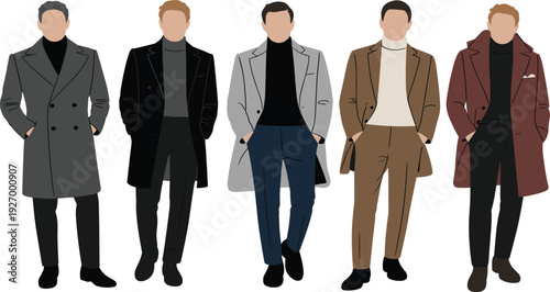 Elegant men wearing long coats and turtlenecks, modern autumn winter male fashion illustration collection isolated on white background