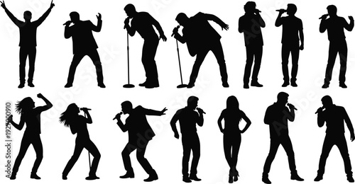 Singer, performer, musician, man, artist, vocal, silhouette, flavector, stage, microphone, suit, concert, music entertainment, show, jazz, pop, rock, song, karaoke