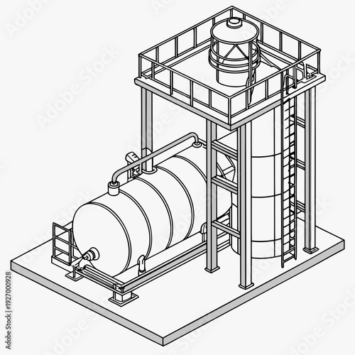 A large metal tank on a platform with a cylindrical structure