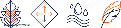 Natural elements line icons set with leaf arrows water drops feather and directional symbol minimal vector illustration