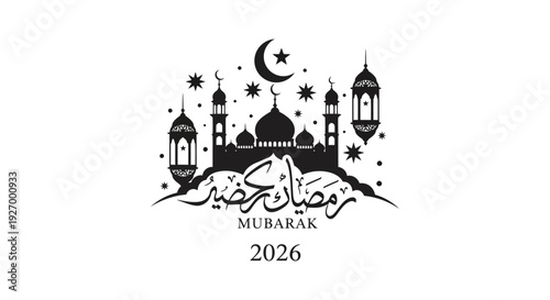 A beautiful ramadan kareem greeting card featuring a mosque and crescent moon silhouette high quality professional detailed modern