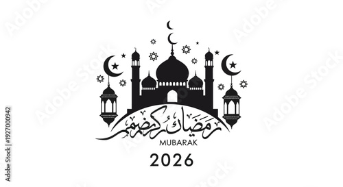 A detailed ramadan kareem greeting card featuring a mosque and crescent moon silhouette high quality professional modern elegant