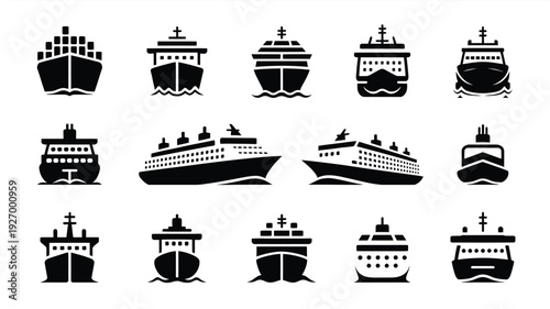 Collection of black silhouette cruise ship icons on white background various views and designs for travel and transportation concepts