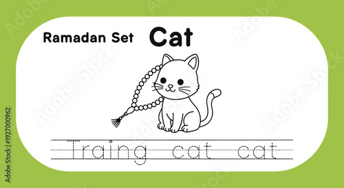 Ramadan Cat Coloring Page: Cute Feline with Islamic Prayer Beads