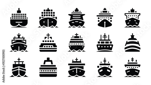 Collection of minimalist vector silhouette ship icons in various styles and designs on white background for navigation and travel concepts