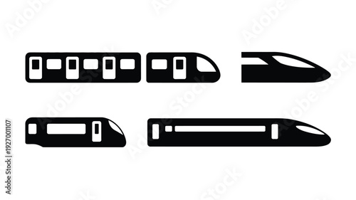 Collection of minimalist vector silhouettes of modern high speed trains in various styles and angles on white background for design and transportation concepts