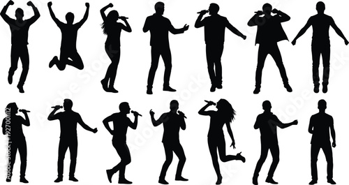 Singer, performer, musician, man, artist, vocal, silhouette, flavector, stage, microphone, suit, concert, music, entertainment, show, jazz, pop, rock, song, karaoke