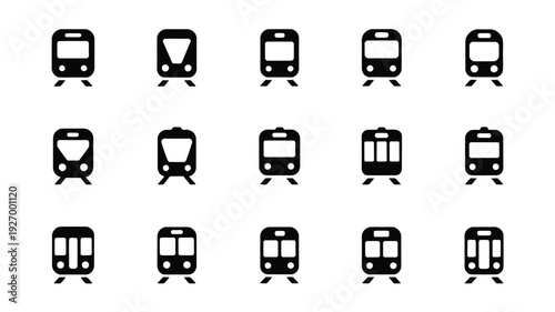 Collection of minimalist vector train icons in black on white background for transportation and travel designs