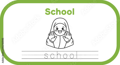 School tracing worksheet with girl in hijab