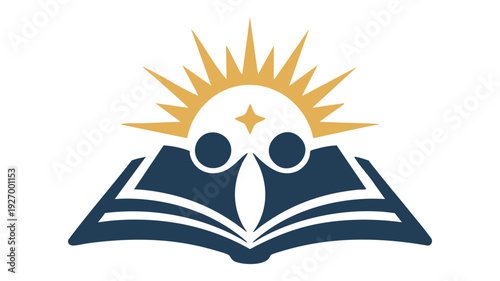 An open book with an owl wearing glasses and a sunburst behind it