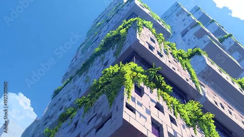 Modern eco-friendly building with greenery and blue sky